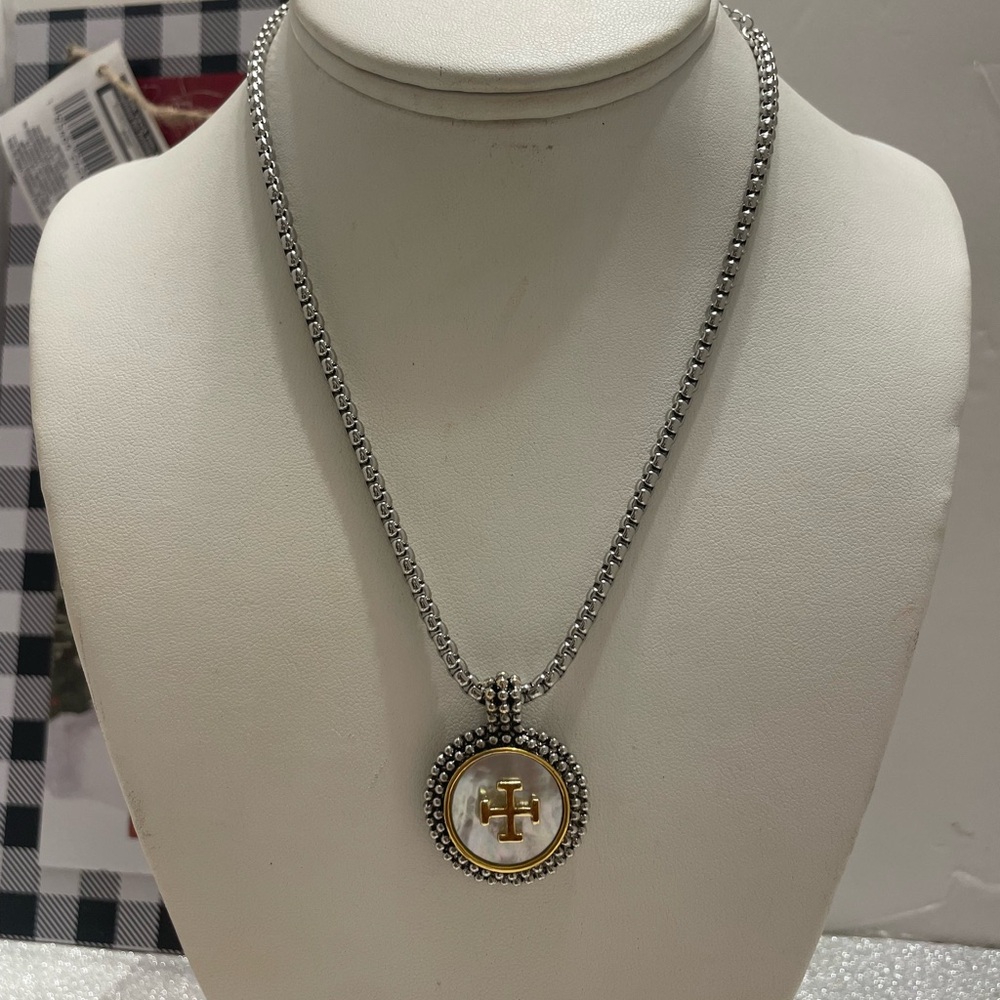 Two-Tone Medallion Pendant Necklace in Silver and Gold